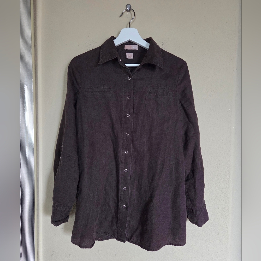 Espresso Brown 100% Linen Button Down Shirt Oversized Vintage Vtg Y2k